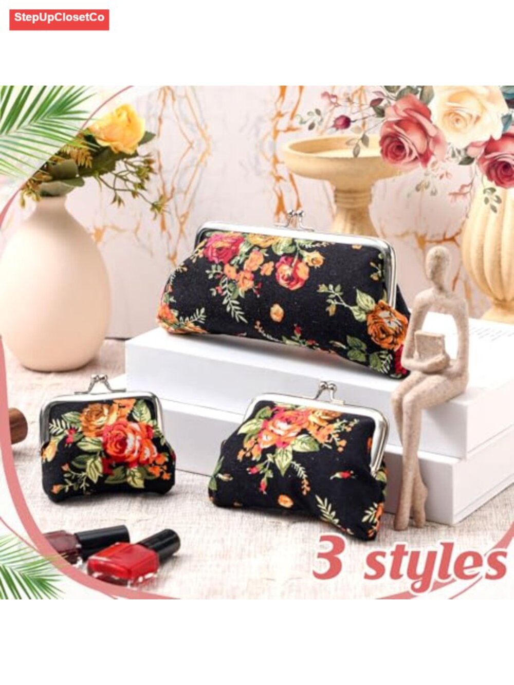3 Pcs Canvas Coin Purse Set with Kiss Lock for Women - Picture 5 of 5